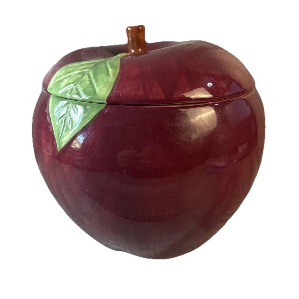 VTG Franciscan Apple Cookie Jar Made In Portugal RED With Green Leaves Porcelain